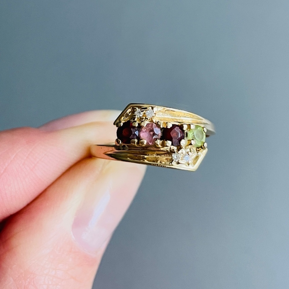 Vintage 14K Gold Diamonds, Garnet, Tourmaline, Peridot Multi Gems Ring T…